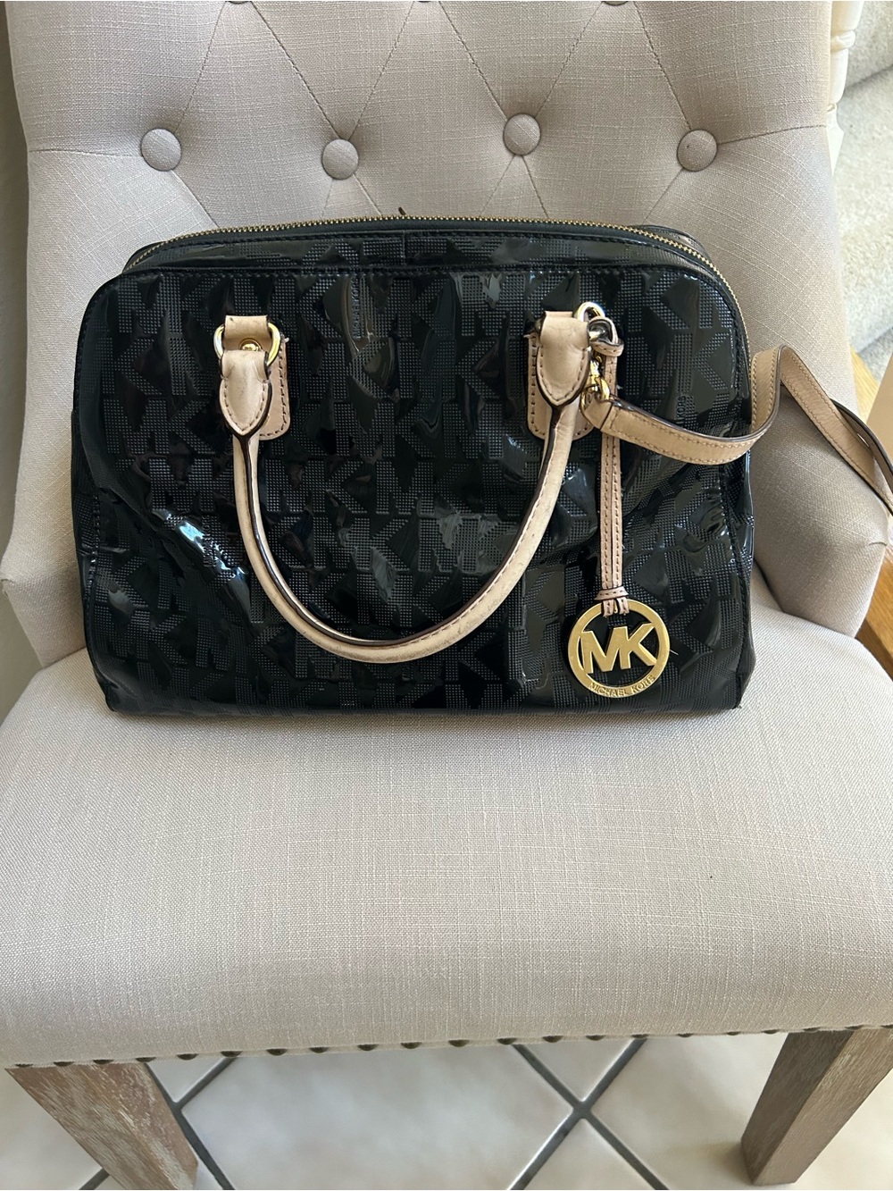 Michael Kors Black Patent Satchel with Beige Trim and MK Charm